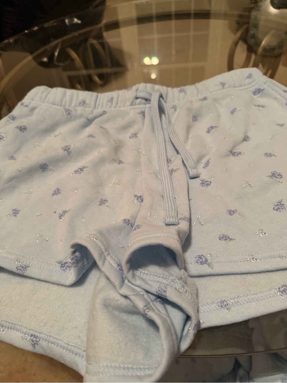 Light Blue Floral Knit Shorts with Drawstring